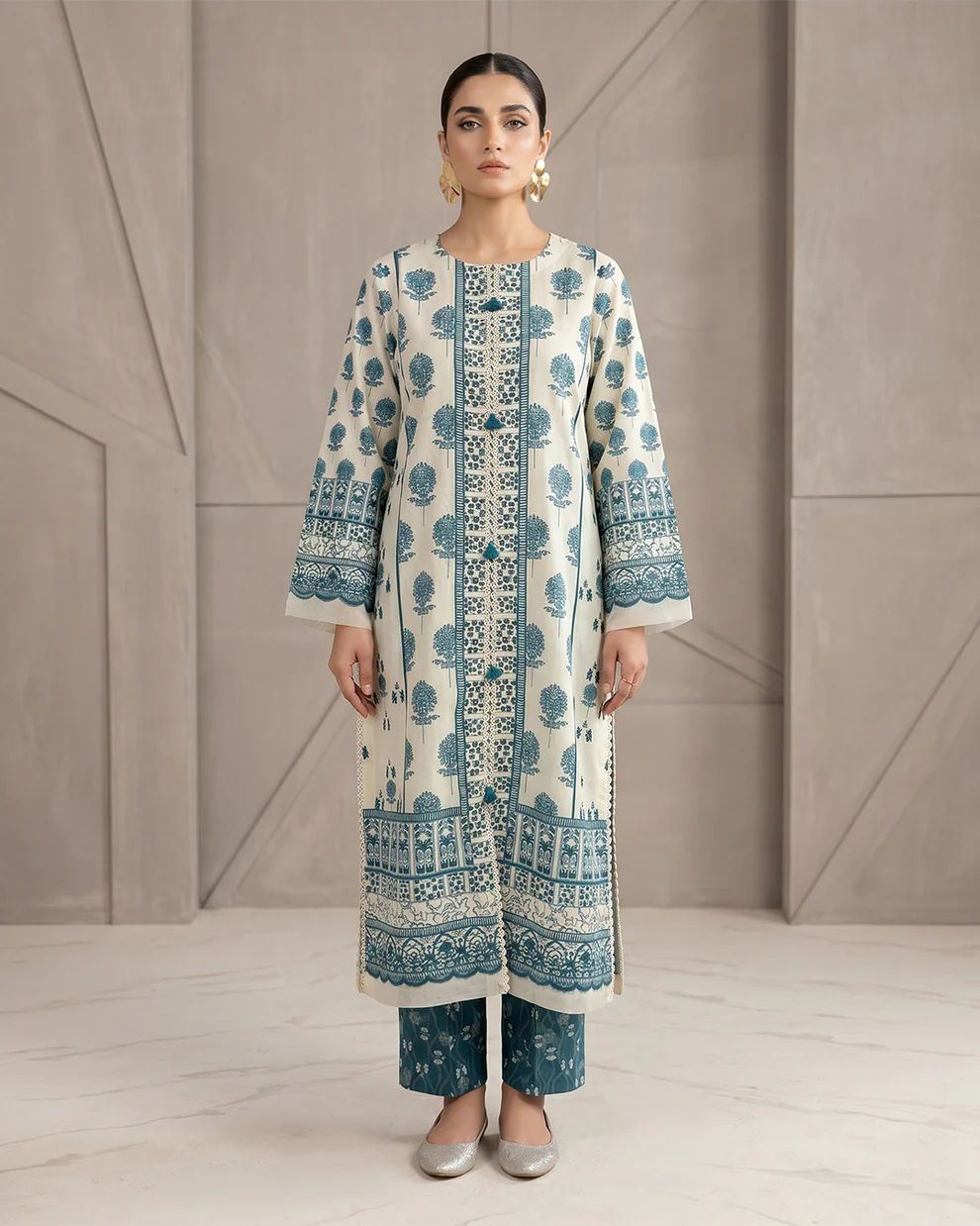 Elegant Teal & Ivory Printed Lawn 3-Piece Suit