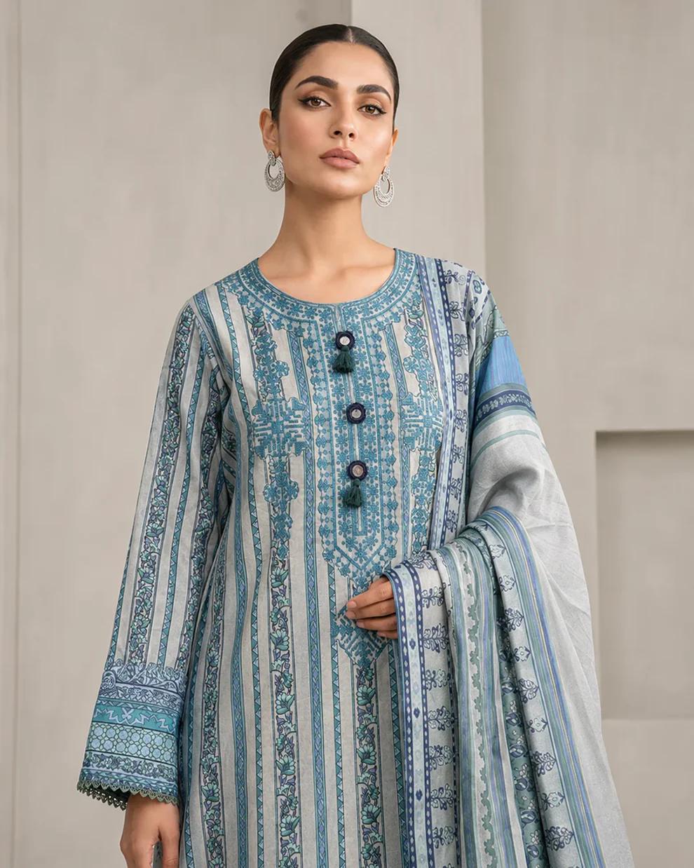 Sky Blue Printed Lawn 3-Piece Suit with Dupatta