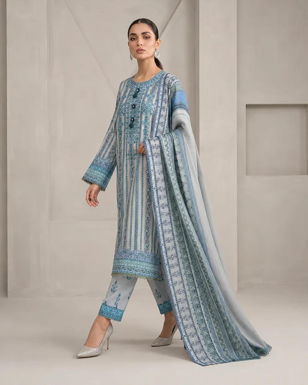 Sky Blue Printed Lawn 3-Piece Suit with Dupatta