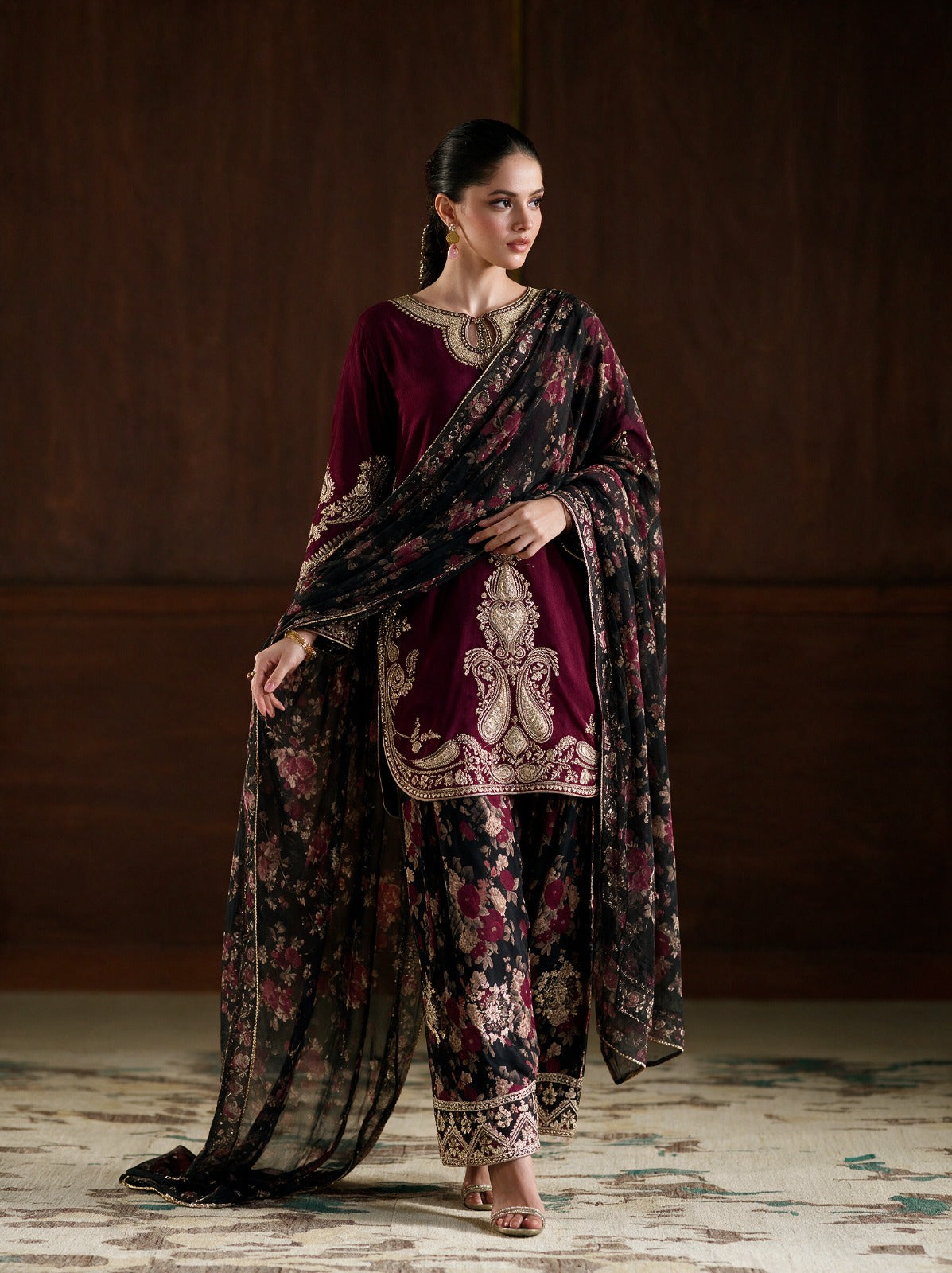 Deep Maroon Ethnic Luxury Silky Viscose 3-Piece Suit with Printed Silk Scarf