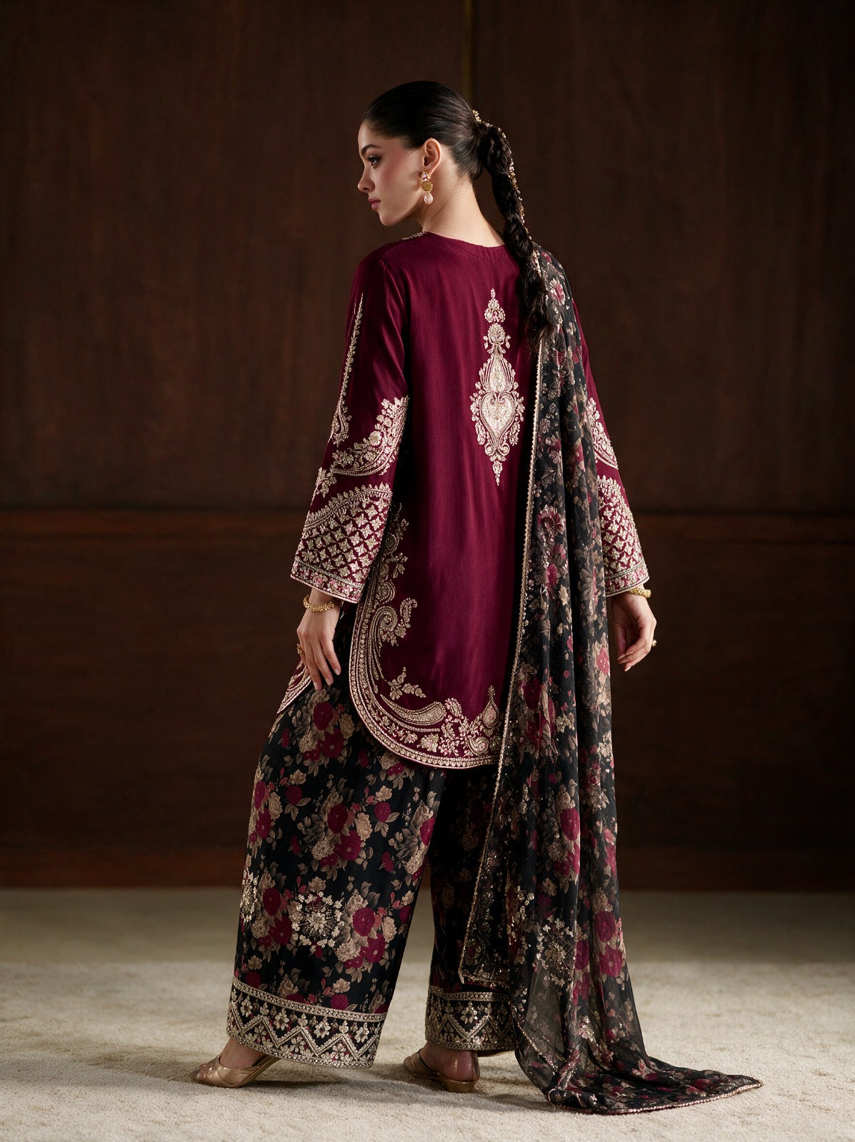 Deep Maroon Ethnic Luxury Silky Viscose 3-Piece Suit with Printed Silk Scarf