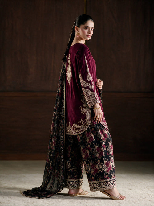 Deep Maroon Ethnic Luxury Silky Viscose 3-Piece Suit with Printed Silk Scarf
