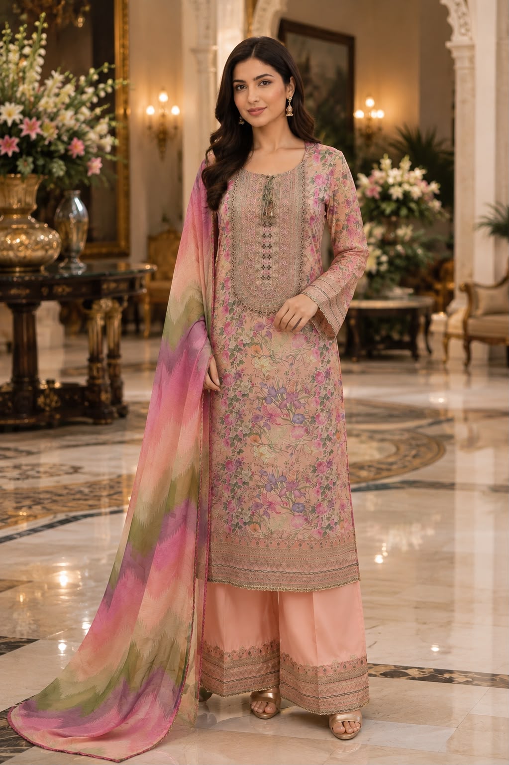 Pastel Pink Floral Printed Silky Viscose 3-Piece Suit with Embroidered Neckline & Printed Dupatta