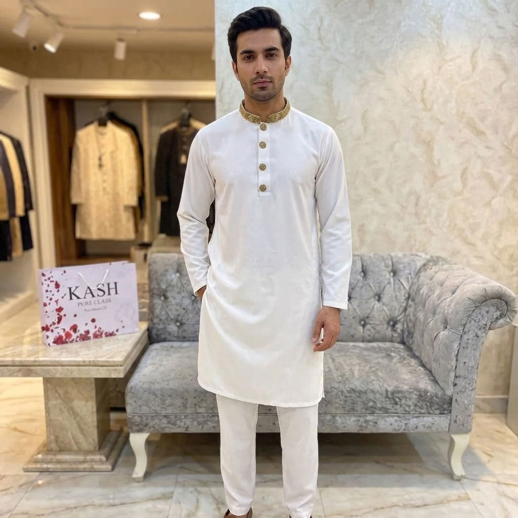 Embroidered Menswear - White with Gold