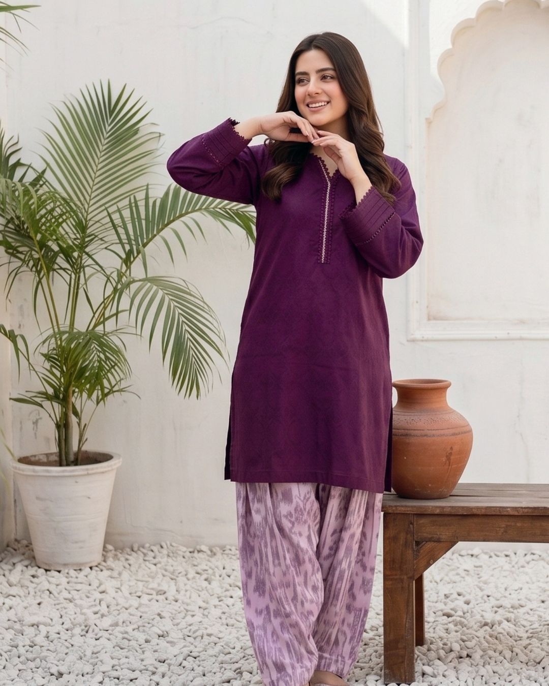 Dark Maroon Modern Solid 2PC - Chic shirt with digital print trouser