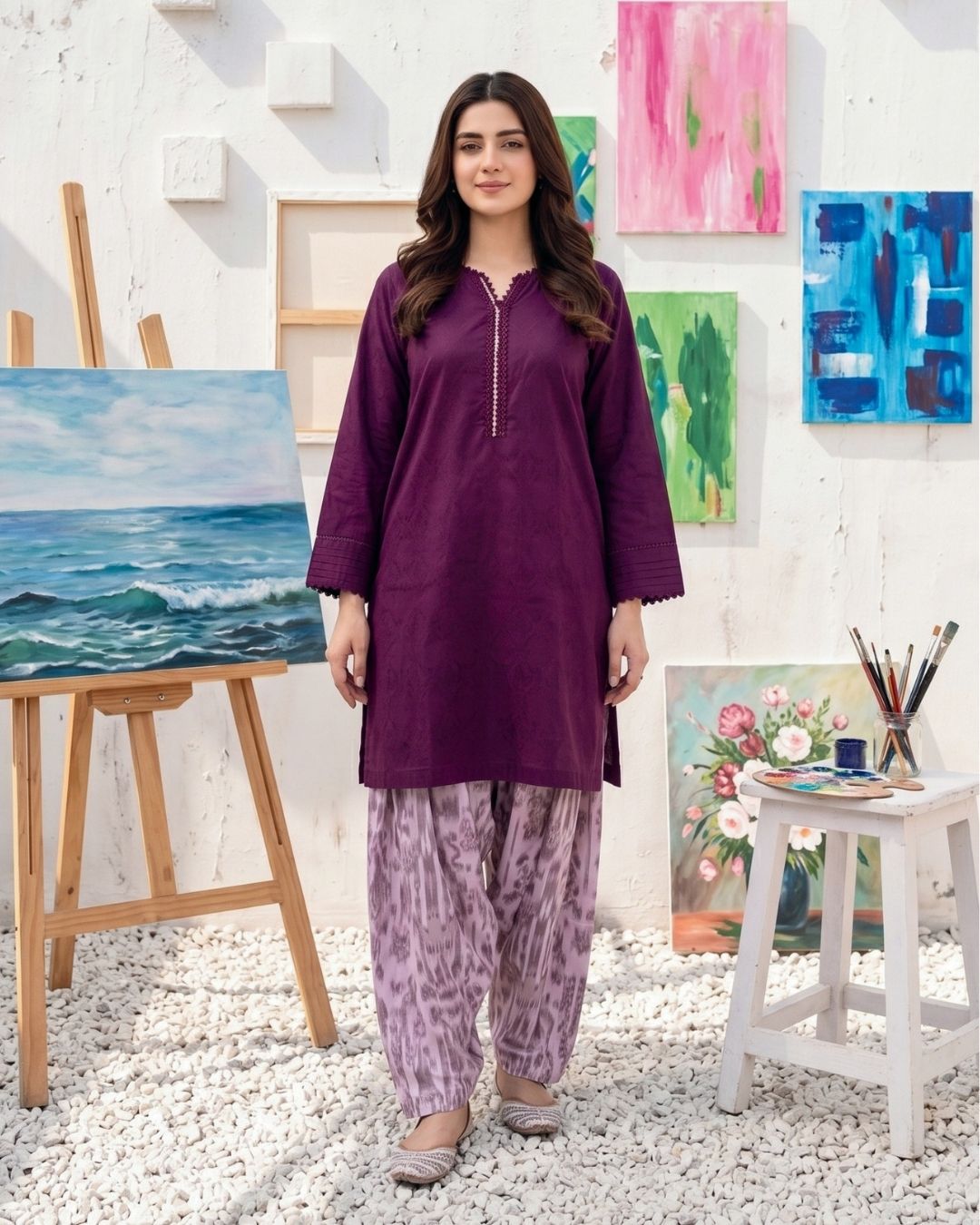 Dark Maroon Modern Solid 2PC - Chic shirt with digital print trouser