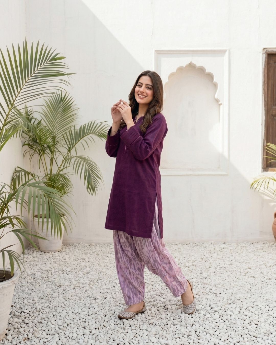Dark Maroon Modern Solid 2PC - Chic shirt with digital print trouser
