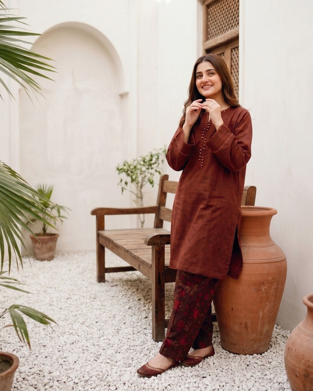 Rust Red Modern Solid 2PC - Chic shirt with digital print trouser