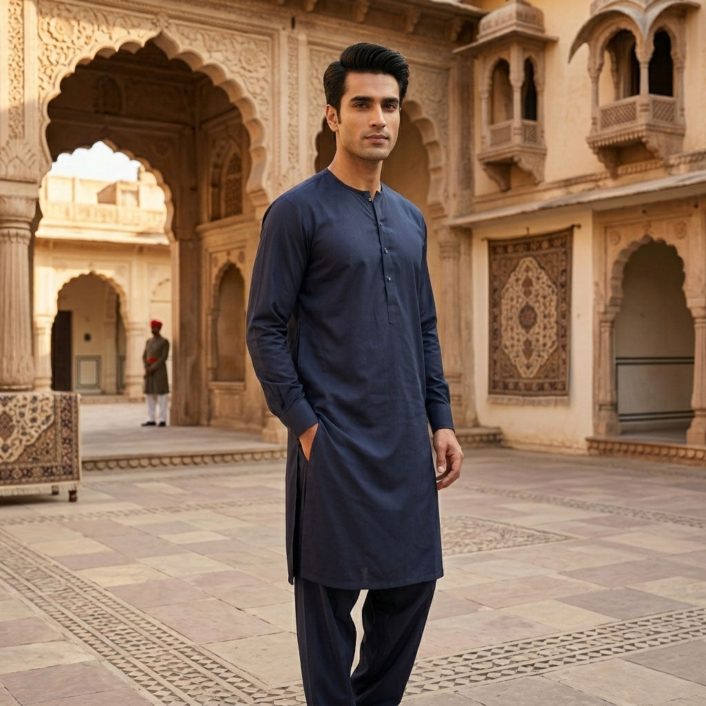 Navy blue 214  mens Simple and sophisticated collarless suit