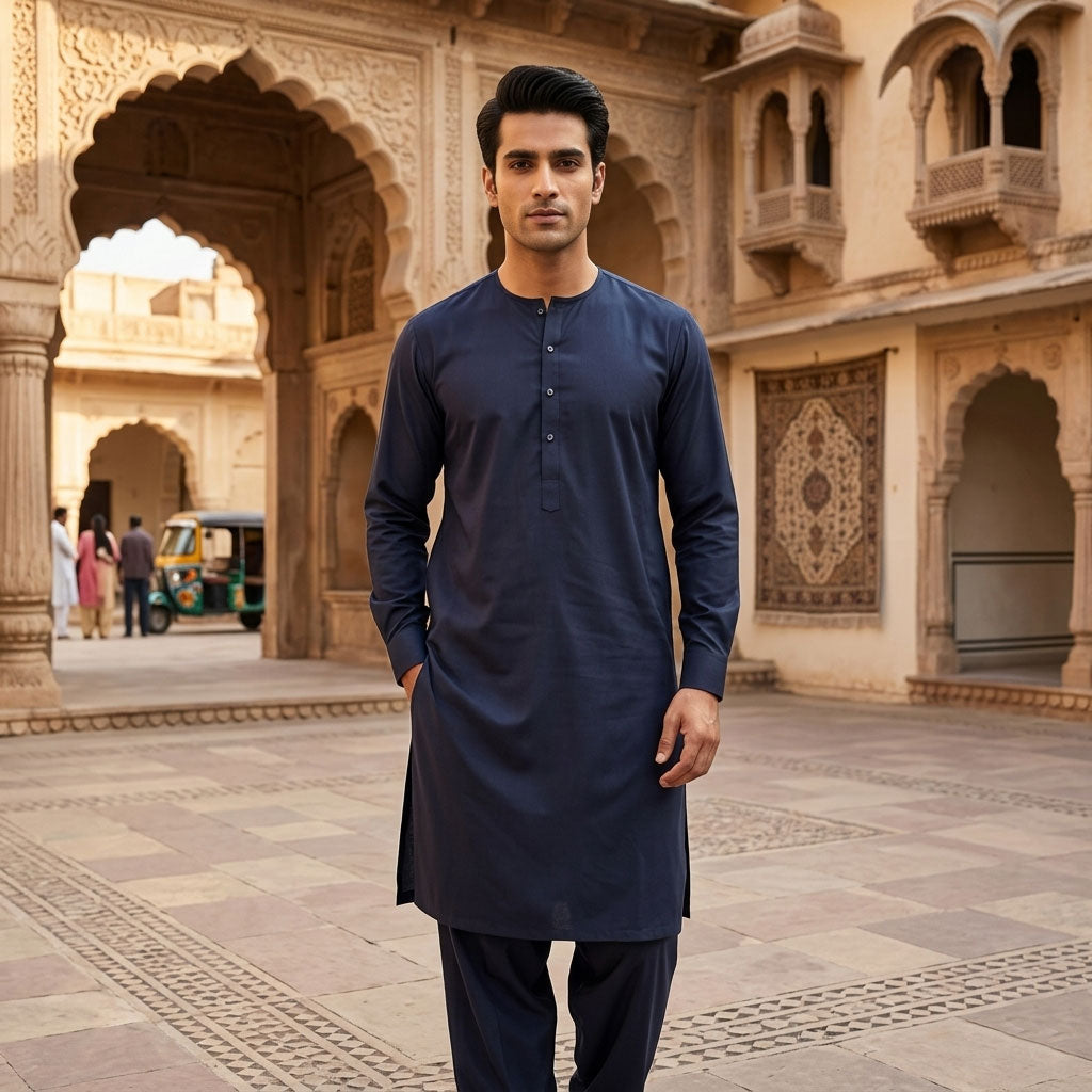 Navy blue 214  mens Simple and sophisticated collarless suit
