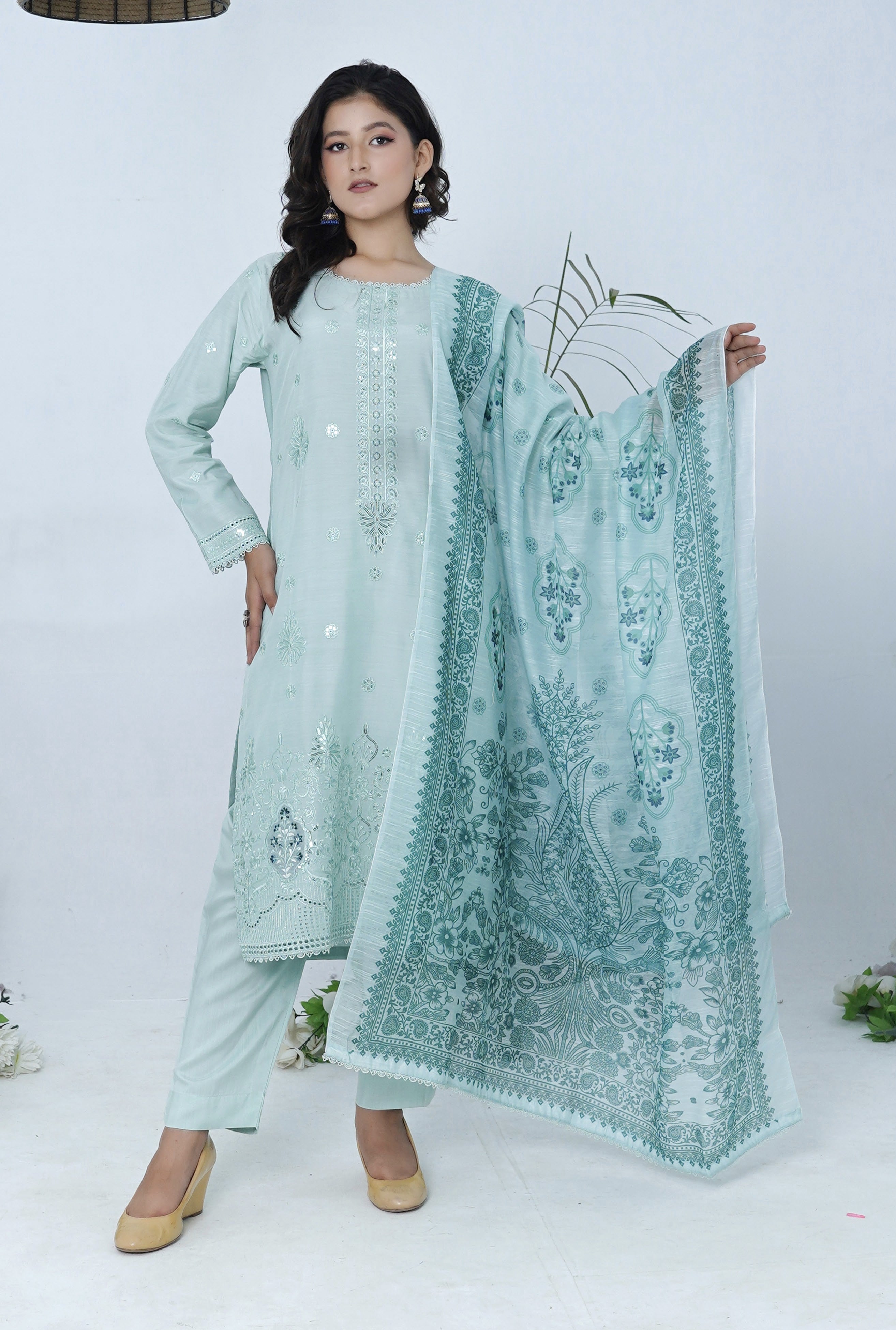 3pcs Shalwaar kameez Luxury Dusty Aqua with sequence work
