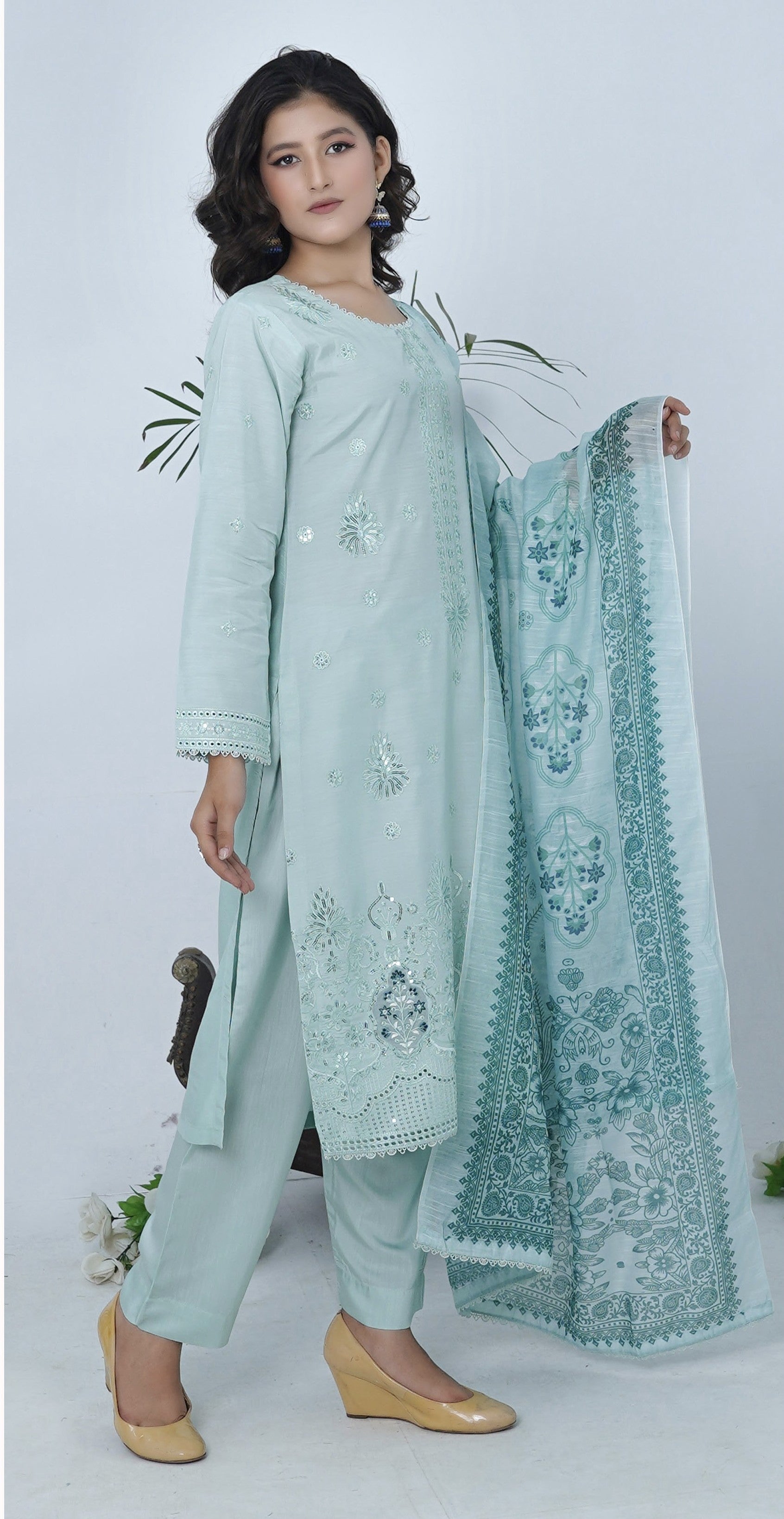 3pcs Shalwaar kameez Luxury Dusty Aqua with sequence work
