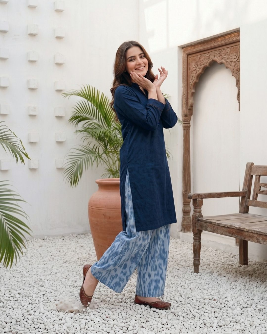 Midnight Blue Modern Solid 2PC - Chic shirt with digital print trouser