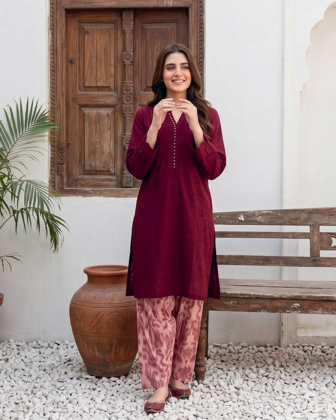Dark Burgundy Modern Solid 2PC - Chic shirt with digital print trouser
