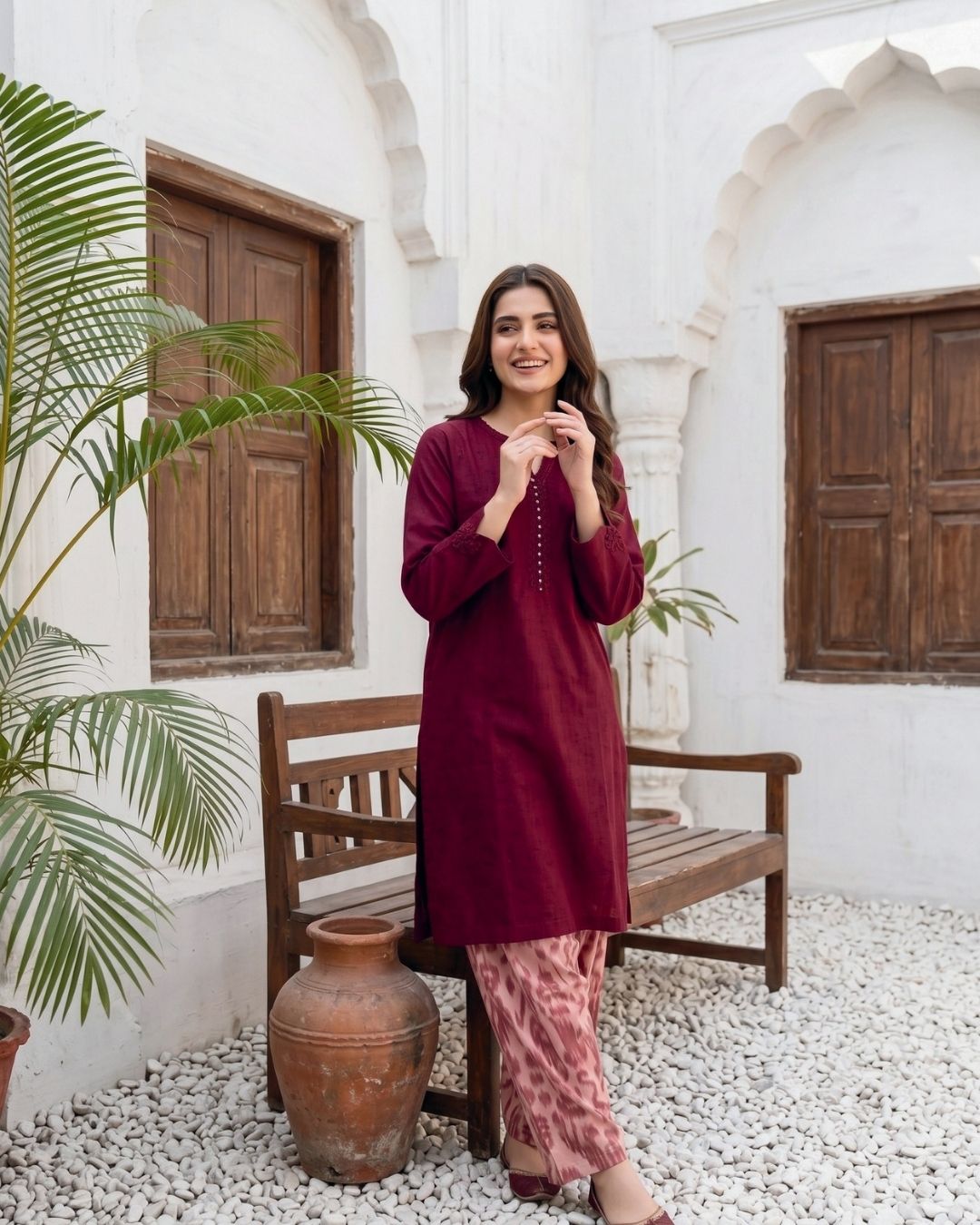 Dark Burgundy Modern Solid 2PC - Chic shirt with digital print trouser