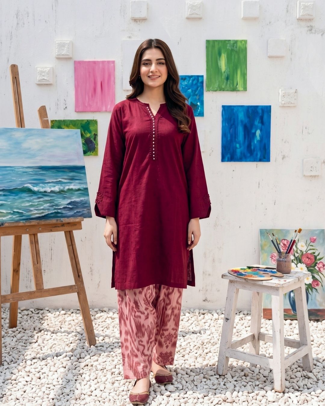 Dark Burgundy Modern Solid 2PC - Chic shirt with digital print trouser