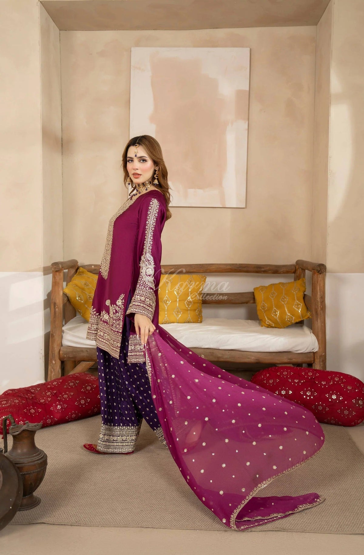 Plum Embroidered Shamoz Silk 3PC Suit