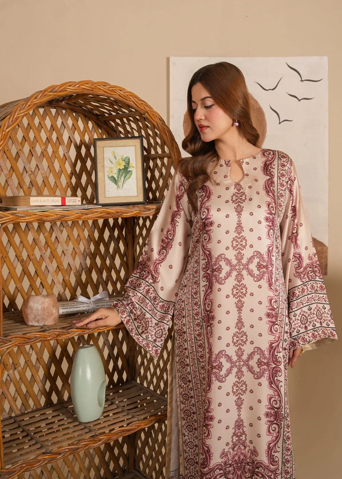 EL-1043 Alya – Elegant Beige Silk Printed Shirt