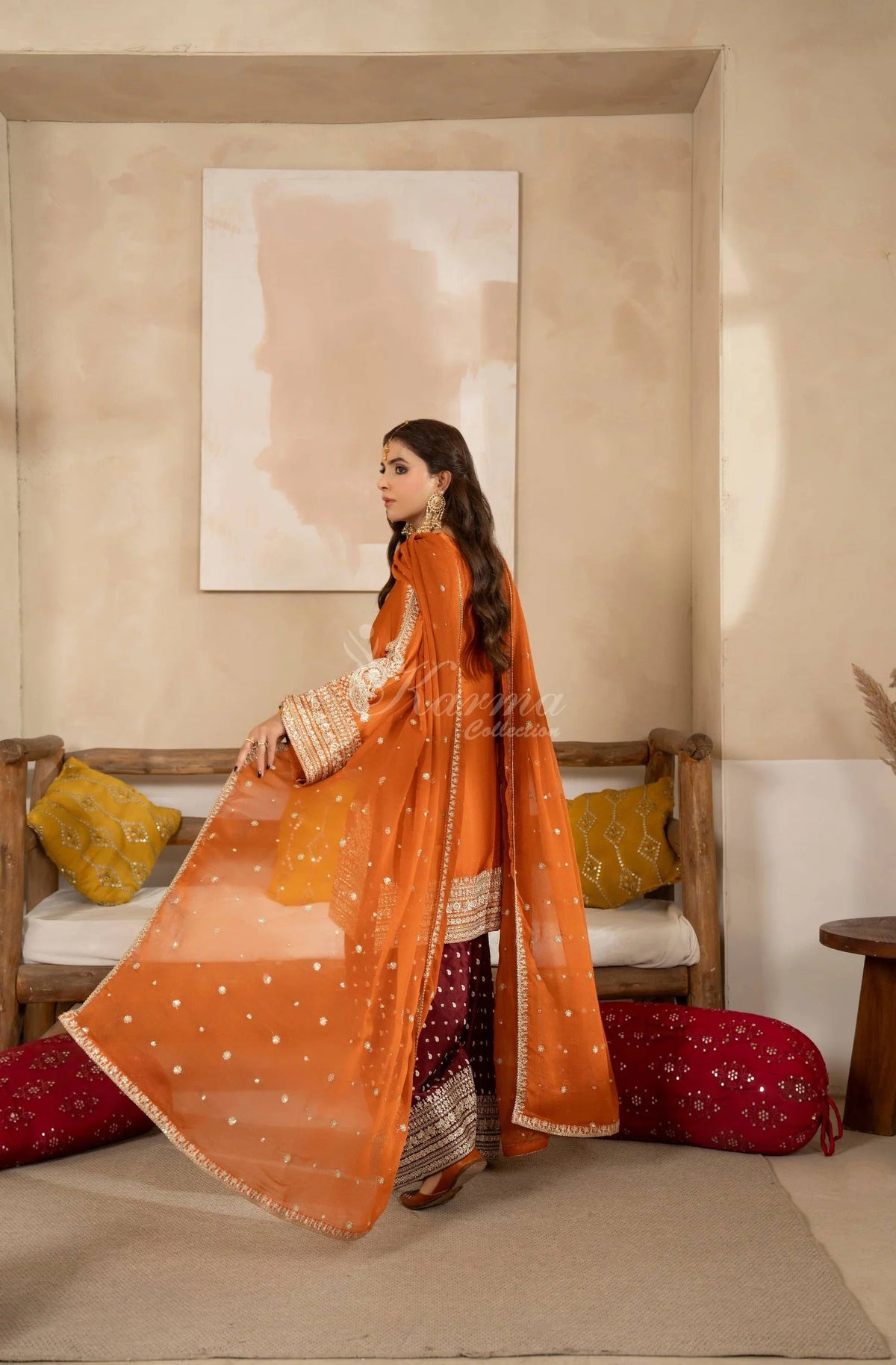 Burnt Orange Embroidered Shamoz Silk 3PC Suit