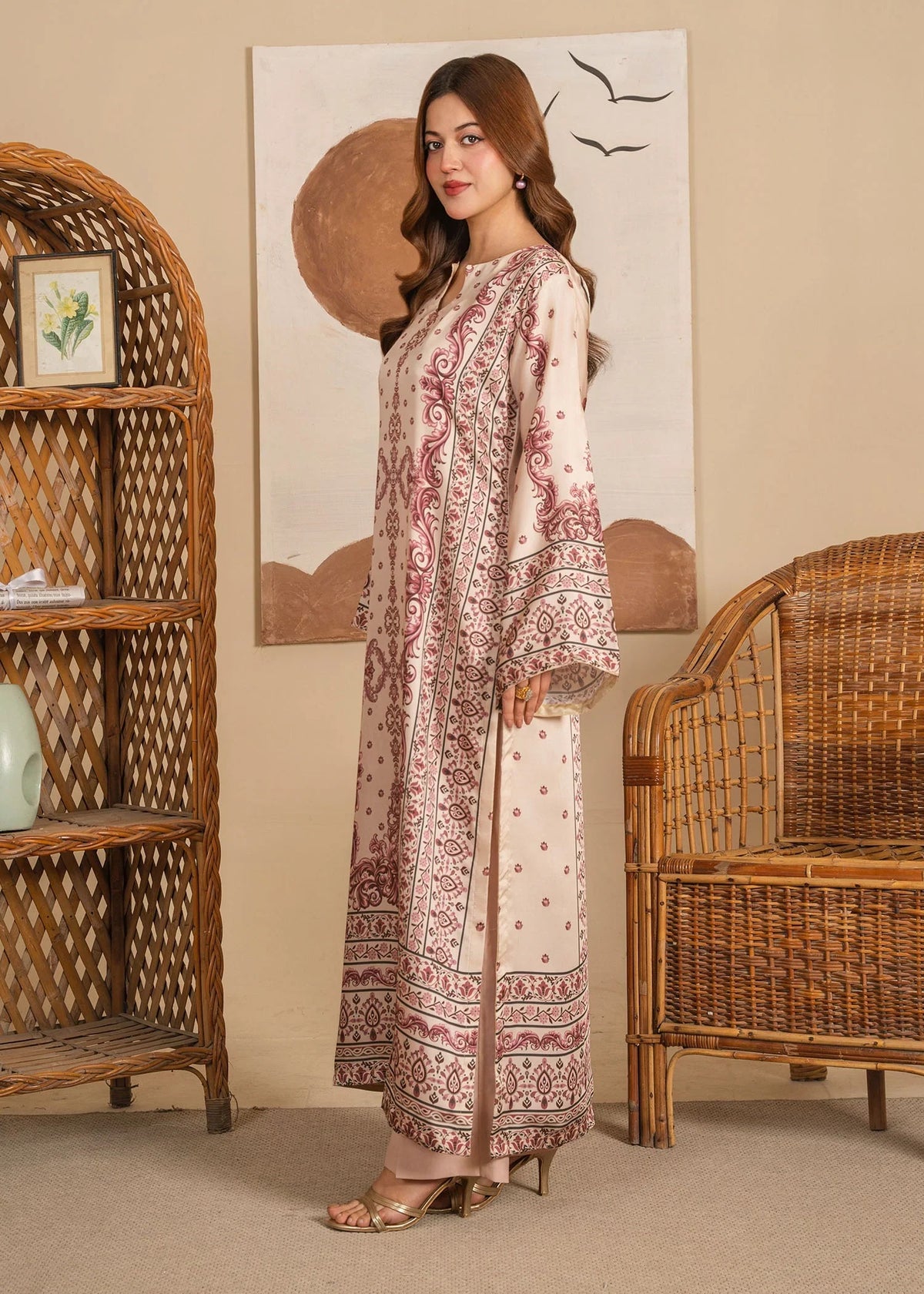 EL-1043 Alya – Elegant Beige Silk Printed Shirt