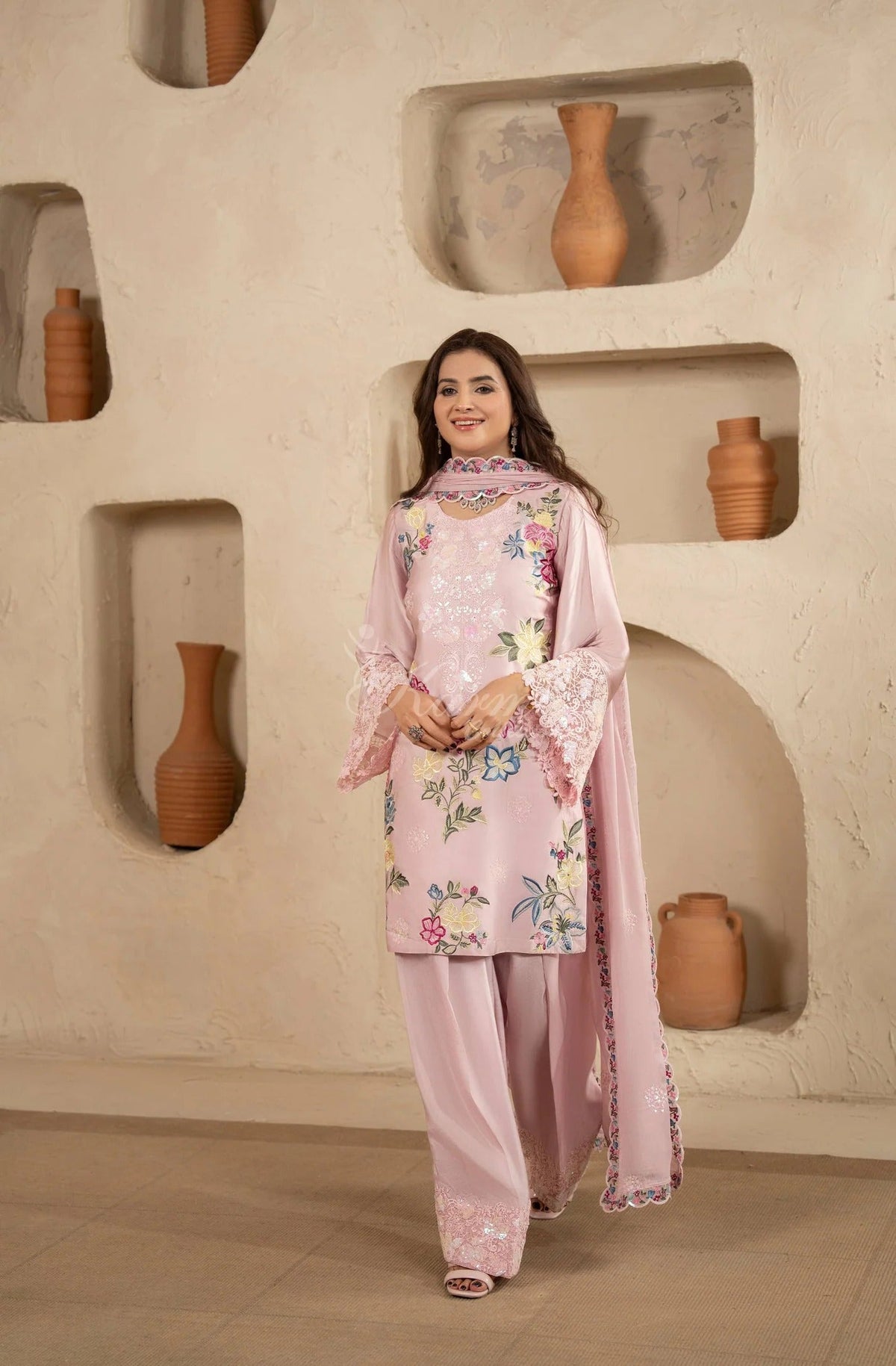 Blush Pink Floral Embroidered Shamoz Silk 3PC Suit