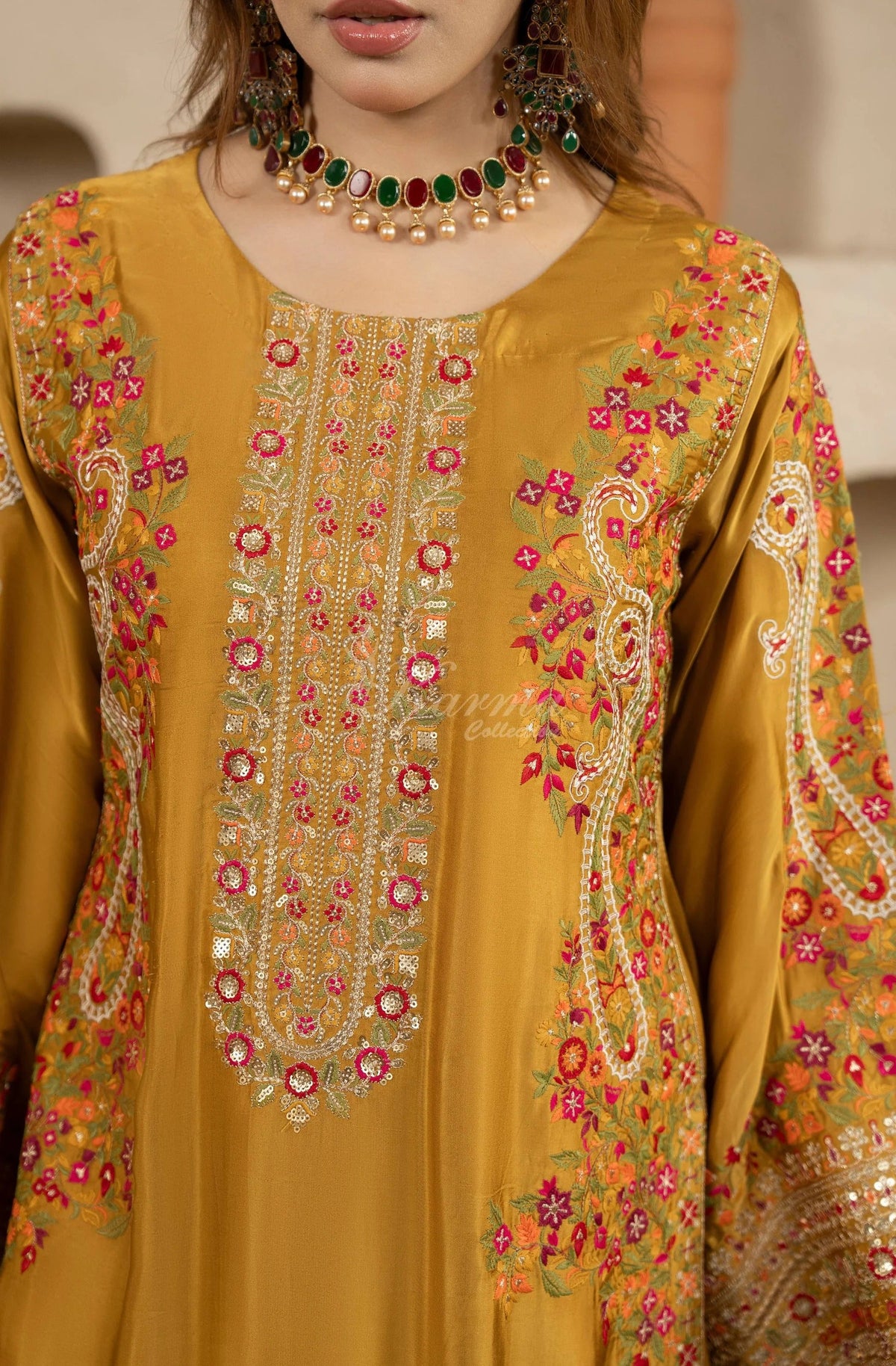 Mustard Gold Embroidered Shamoz Silk 3PC Suit