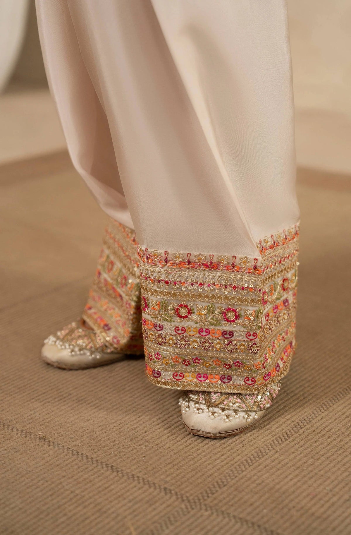 Ivory Floral Embroidered Shamoz Silk 3PC Suit