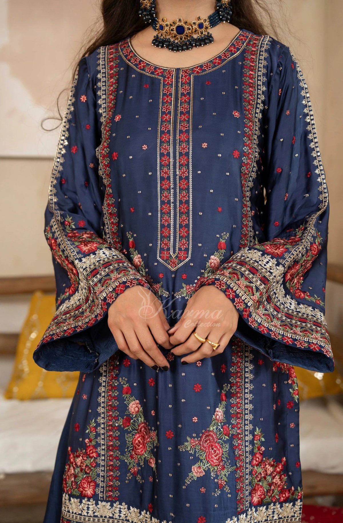 Navy Blue Floral Embroidered Shamoz Silk 3PC Suit