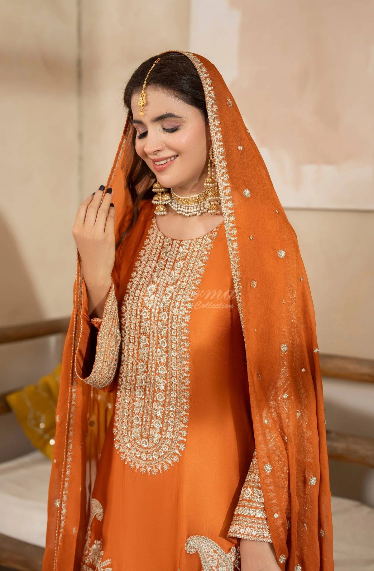Burnt Orange Embroidered Shamoz Silk 3PC Suit