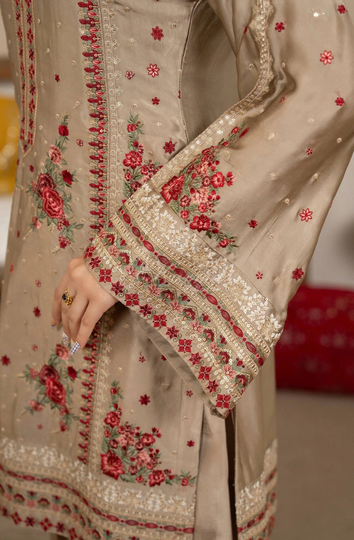 Beige Embroidered Shamoz Silk 3PC Suit