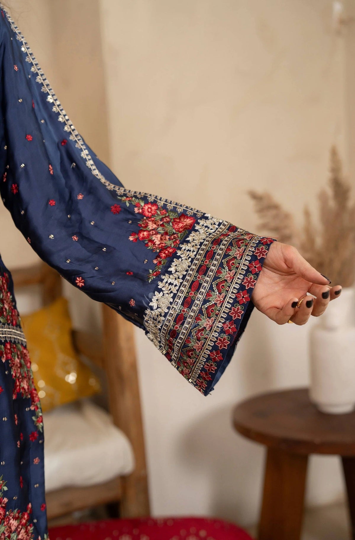 Navy Blue Floral Embroidered Shamoz Silk 3PC Suit