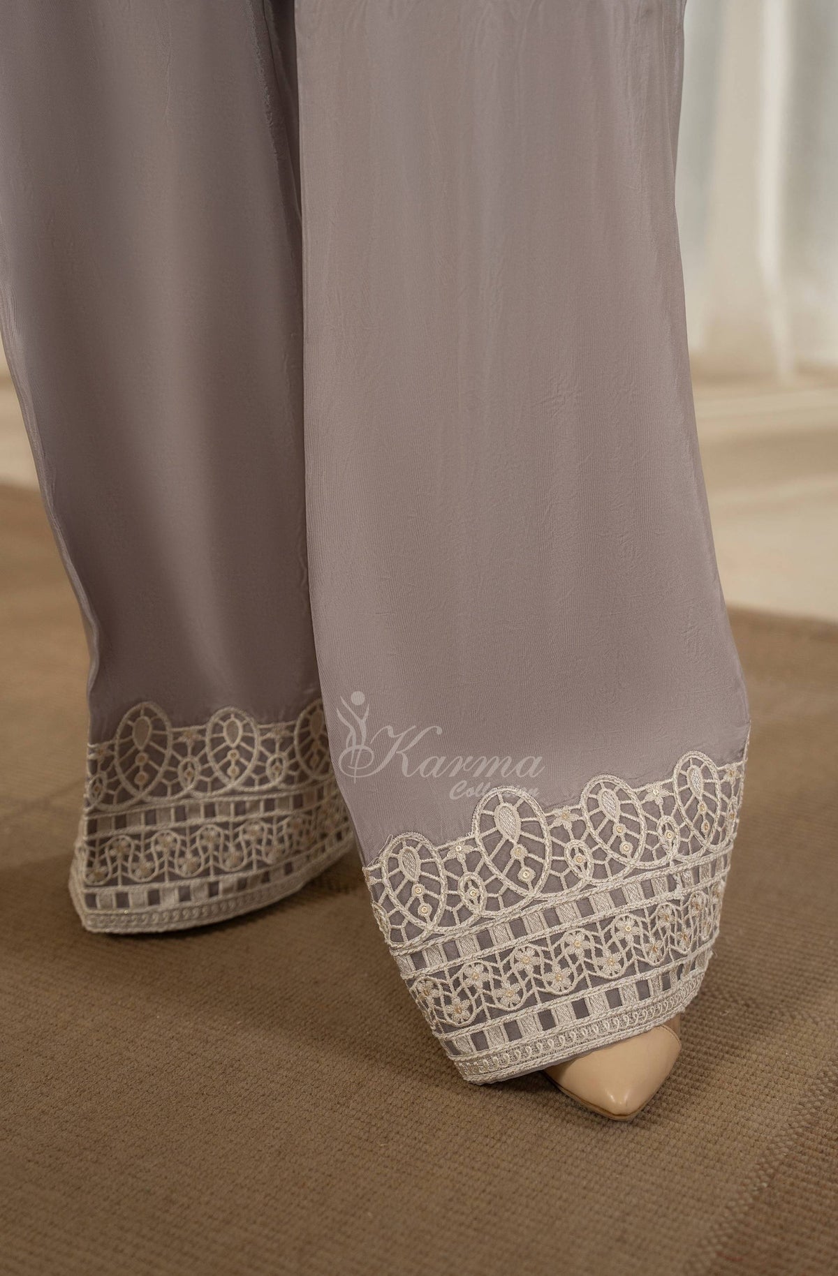 Lavender Grey Embroidered Shamoz Silk 3PC Suit