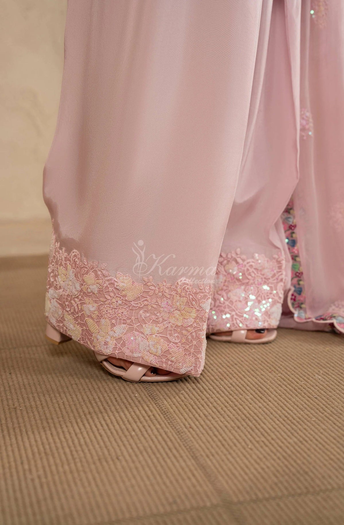 Blush Pink Floral Embroidered Shamoz Silk 3PC Suit