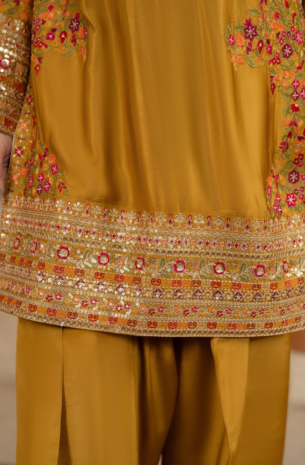 Mustard Gold Embroidered Shamoz Silk 3PC Suit