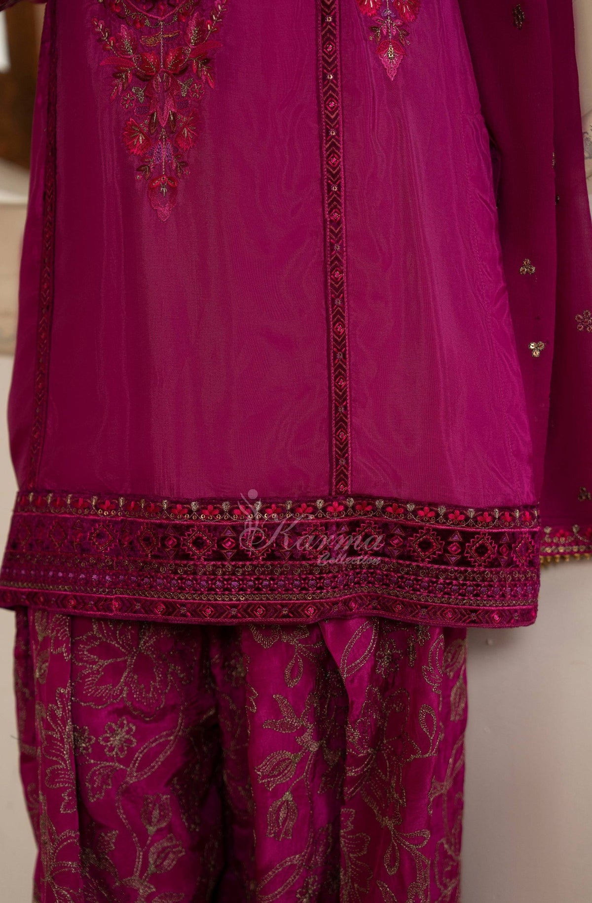 Magenta Embroidered Shamoz Silk 3PC Suit
