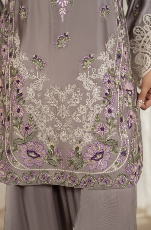 Lavender Grey Embroidered Shamoz Silk 3PC Suit