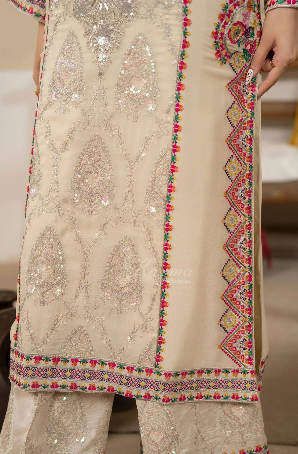 Ivory Elegance - Embroidered Shamoz Silk 3PC Suit