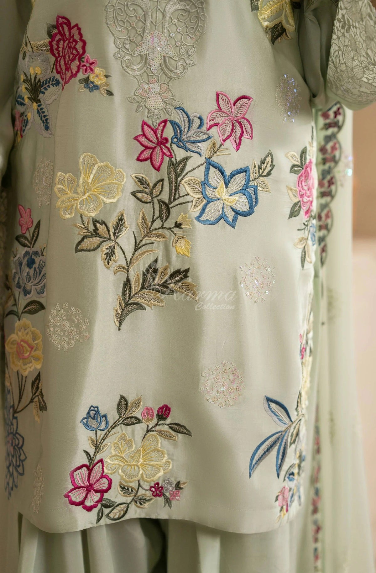 Sage Green Floral Embroidered Shamoz Silk 3PC Suit