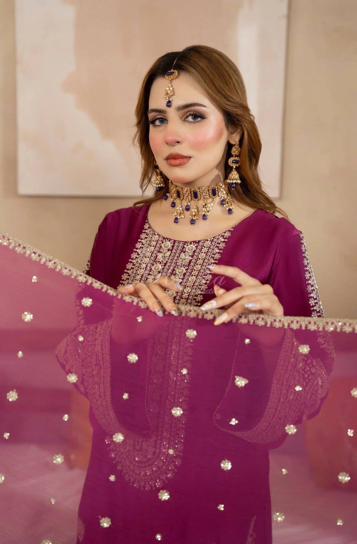 Plum Embroidered Shamoz Silk 3PC Suit