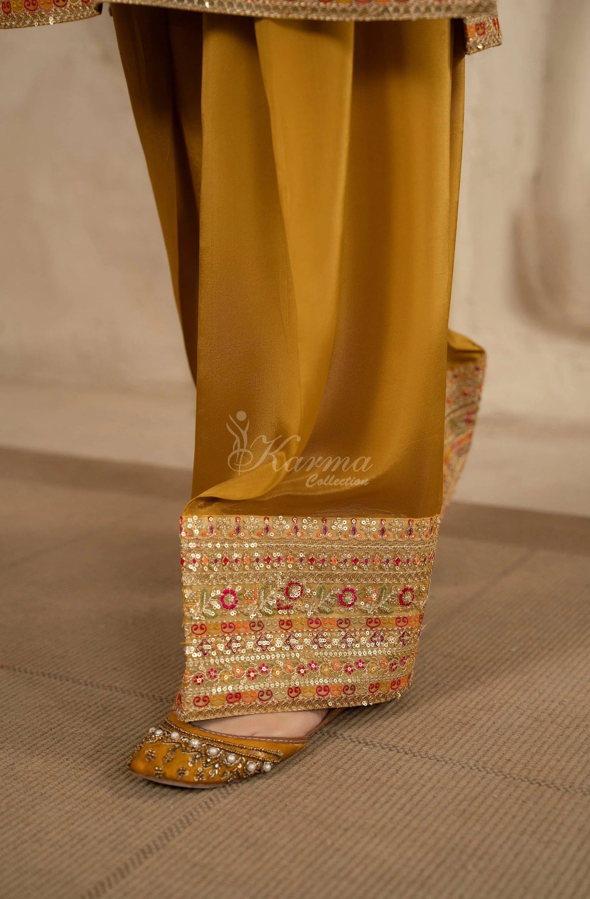 Mustard Gold Embroidered Shamoz Silk 3PC Suit