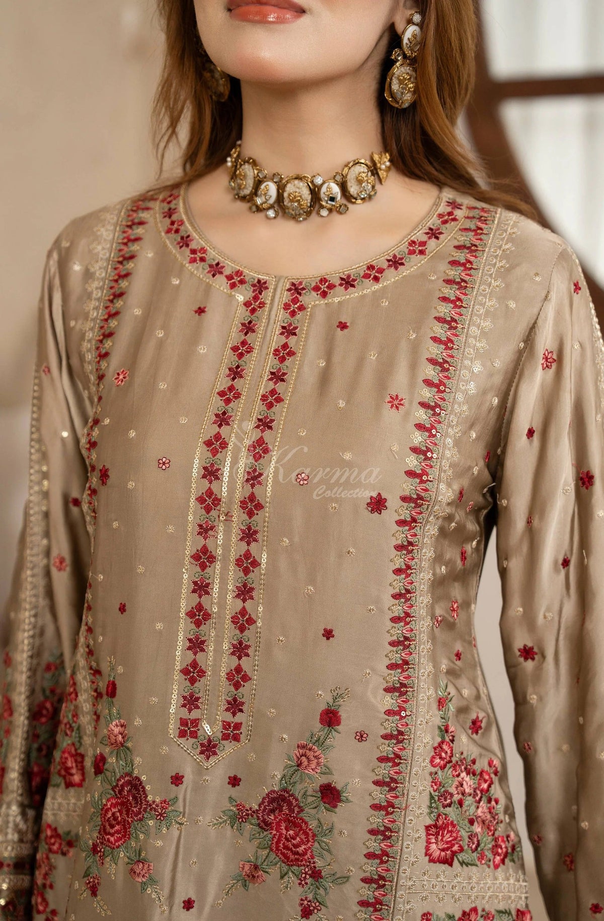 Beige Embroidered Shamoz Silk 3PC Suit