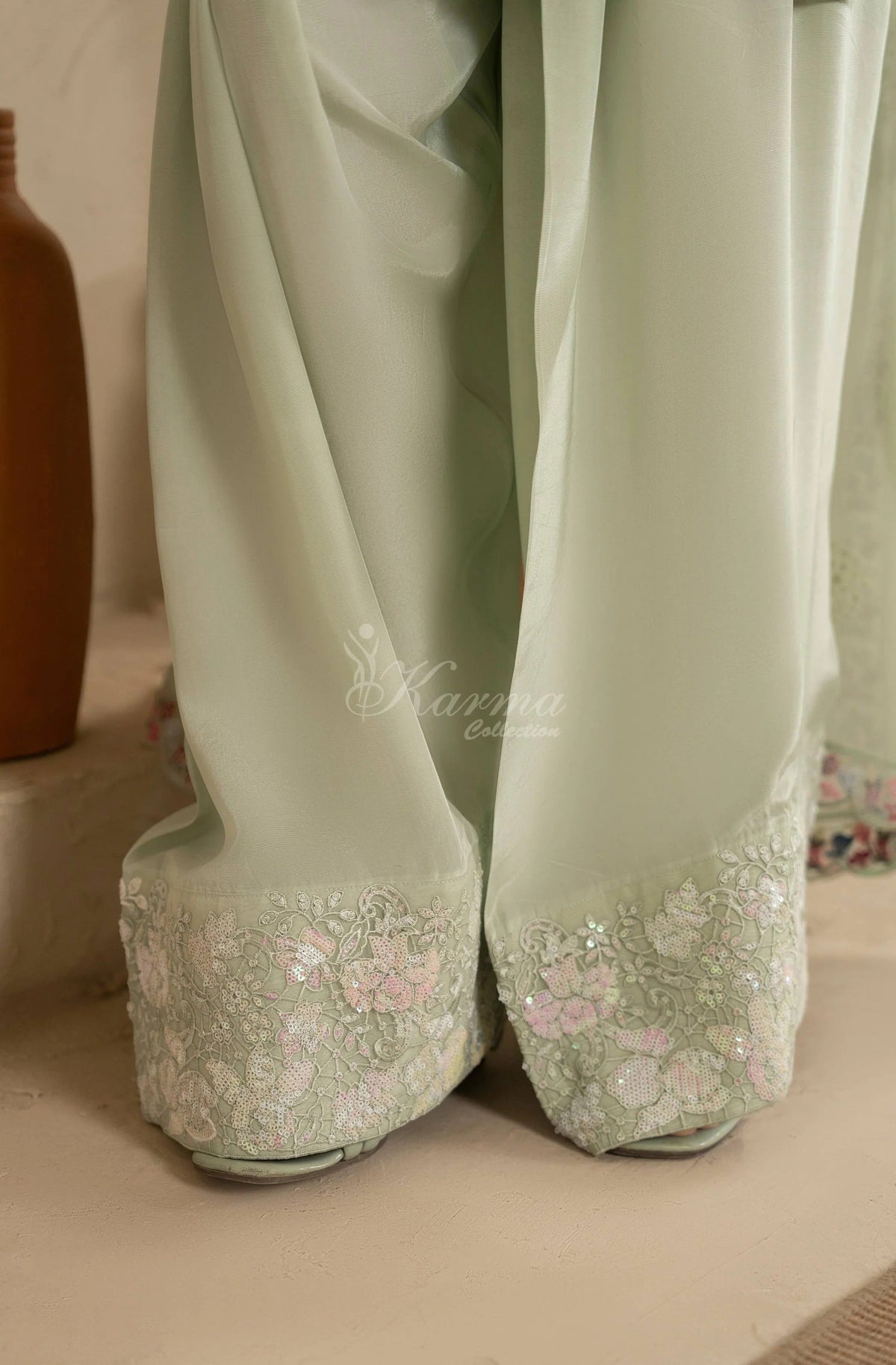 Sage Green Floral Embroidered Shamoz Silk 3PC Suit