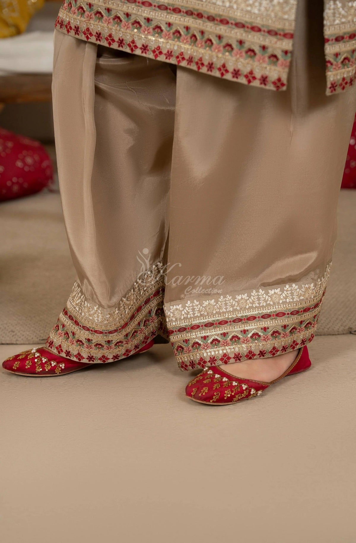 Beige Embroidered Shamoz Silk 3PC Suit