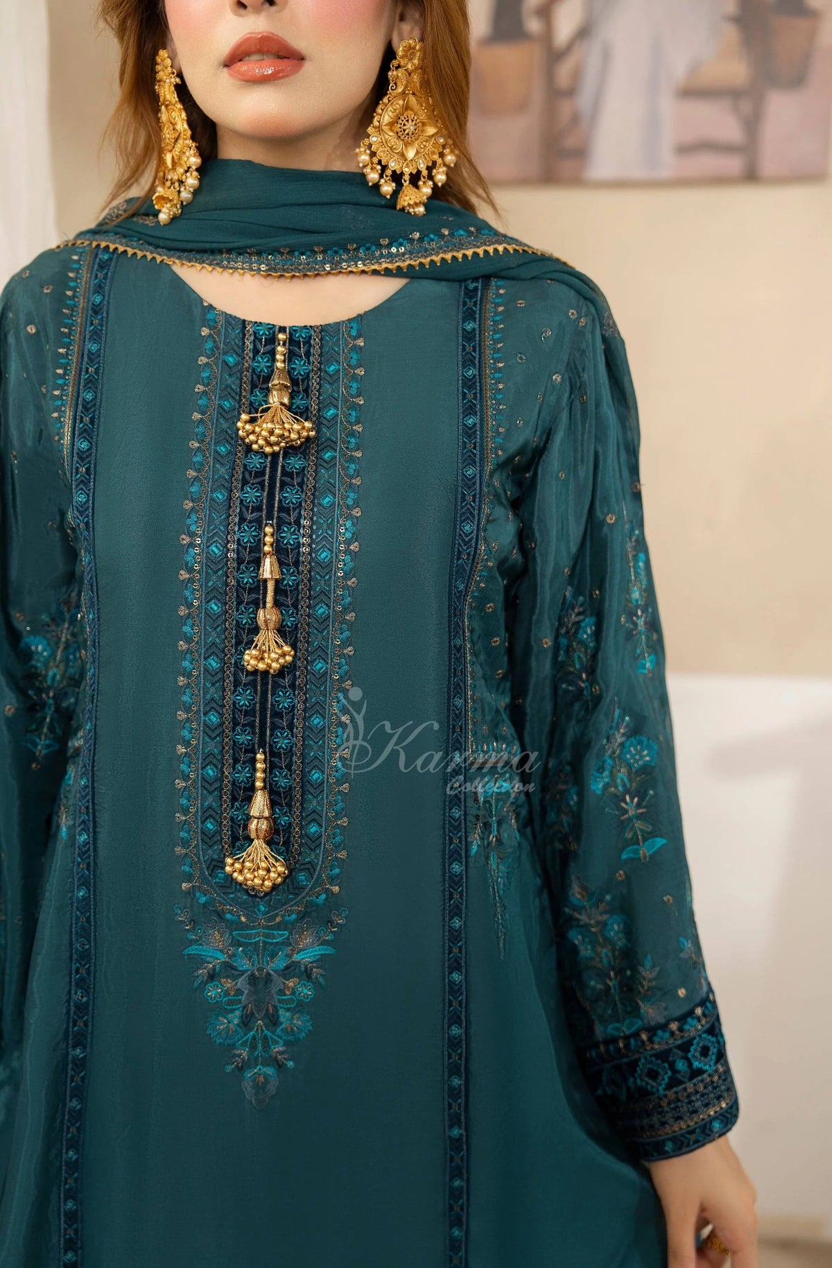 Teal Blue Embroidered Shamoz Silk 3PC Suit