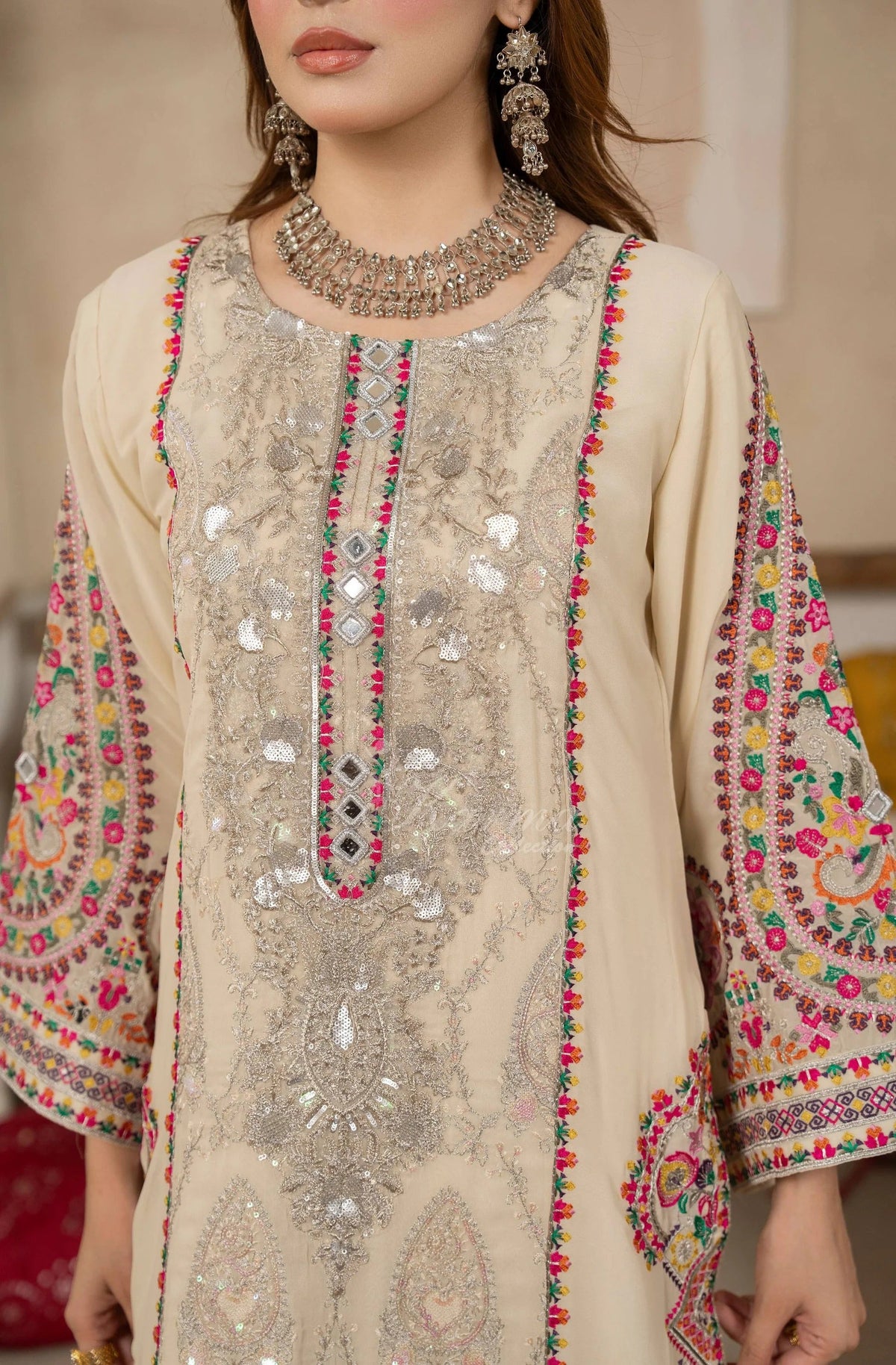 Ivory Elegance - Embroidered Shamoz Silk 3PC Suit