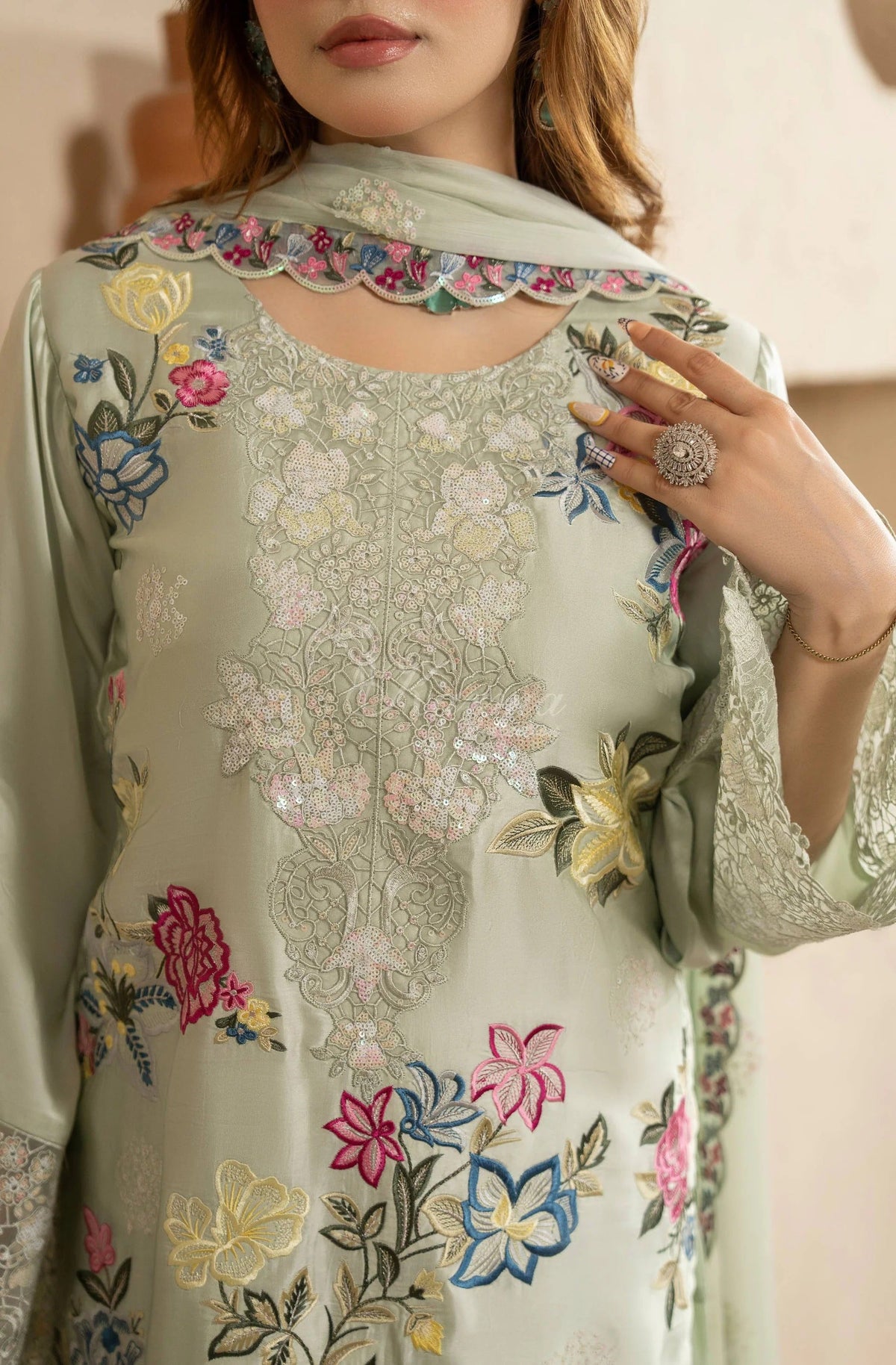 Sage Green Floral Embroidered Shamoz Silk 3PC Suit
