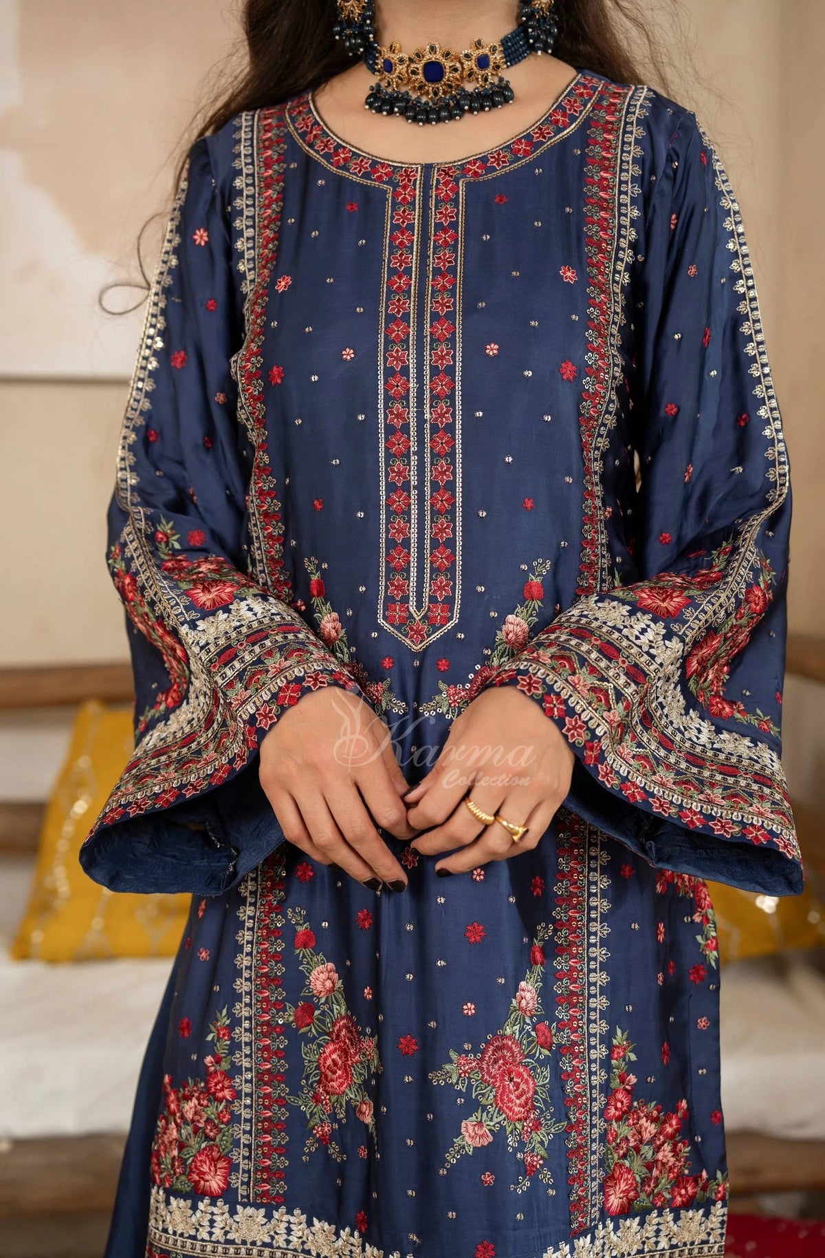 Navy Blue Floral Embroidered Shamoz Silk 3PC Suit