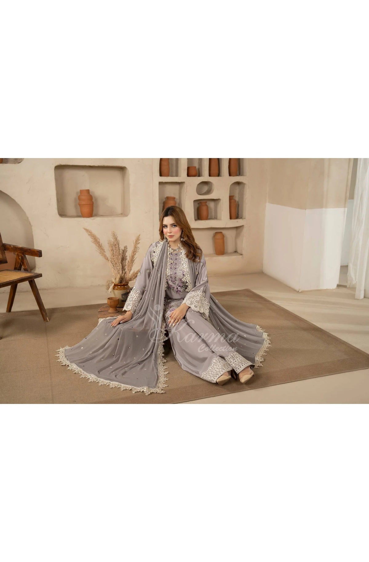Lavender Grey Embroidered Shamoz Silk 3PC Suit