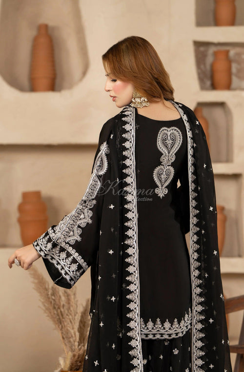 Black Embroidered Shamoz Silk 3PC Suit