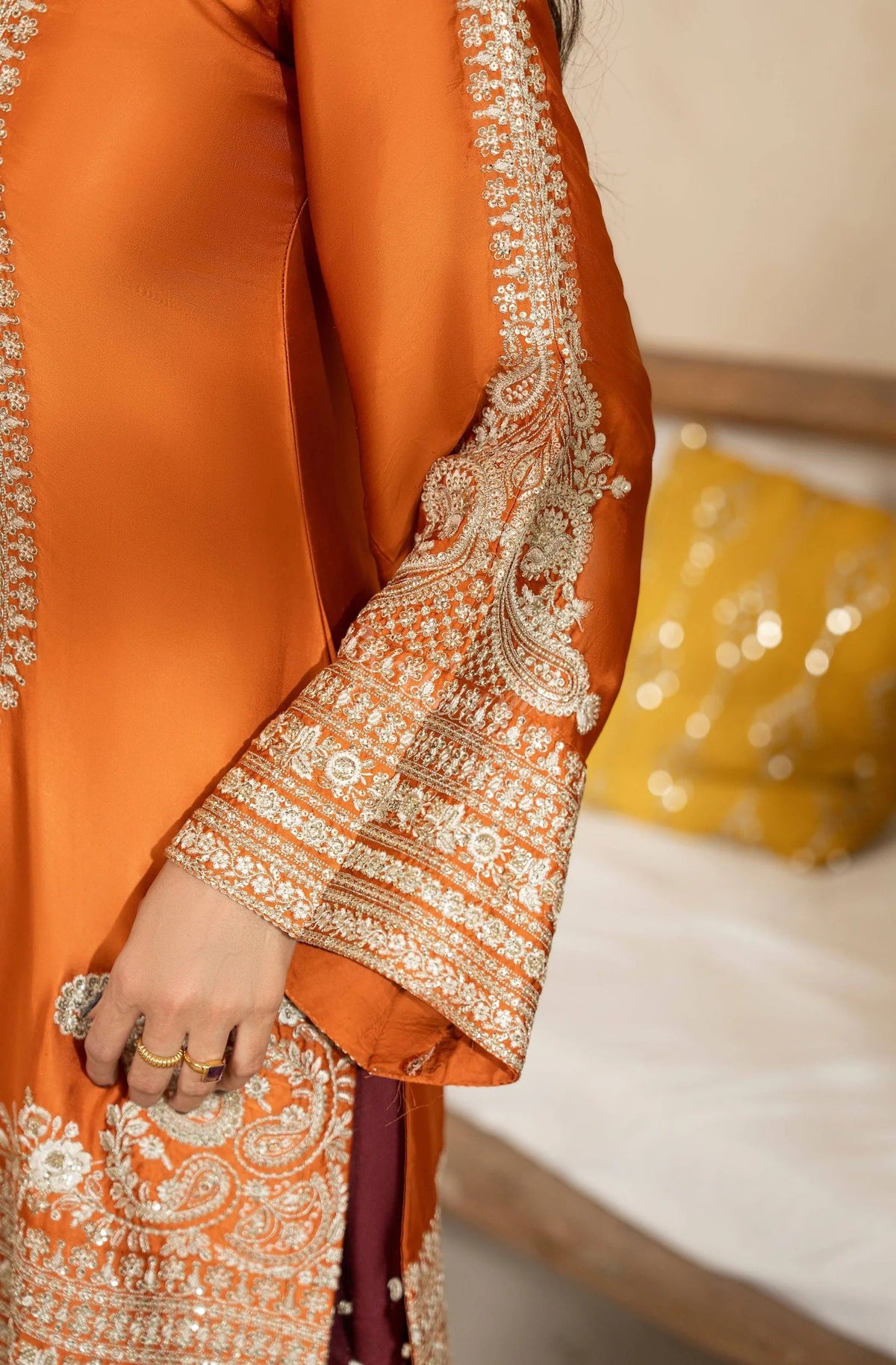 Burnt Orange Embroidered Shamoz Silk 3PC Suit